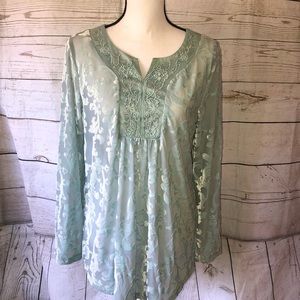 Indigo Soul pale turquoise flowy damask print in velvet long sleeve tunic